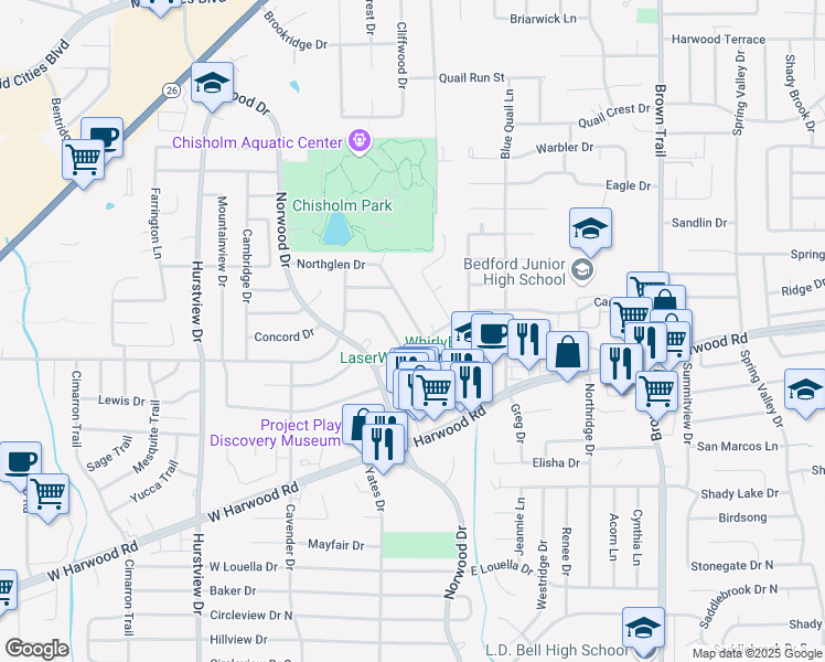 map of restaurants, bars, coffee shops, grocery stores, and more near 2025 Northglen Drive in Hurst