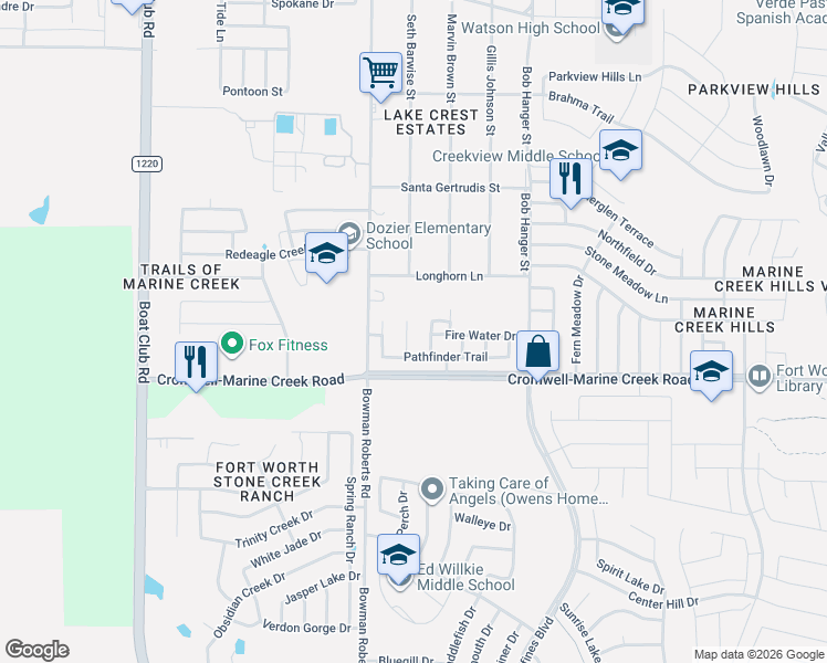map of restaurants, bars, coffee shops, grocery stores, and more near 6117 Longhorn Lane in Fort Worth