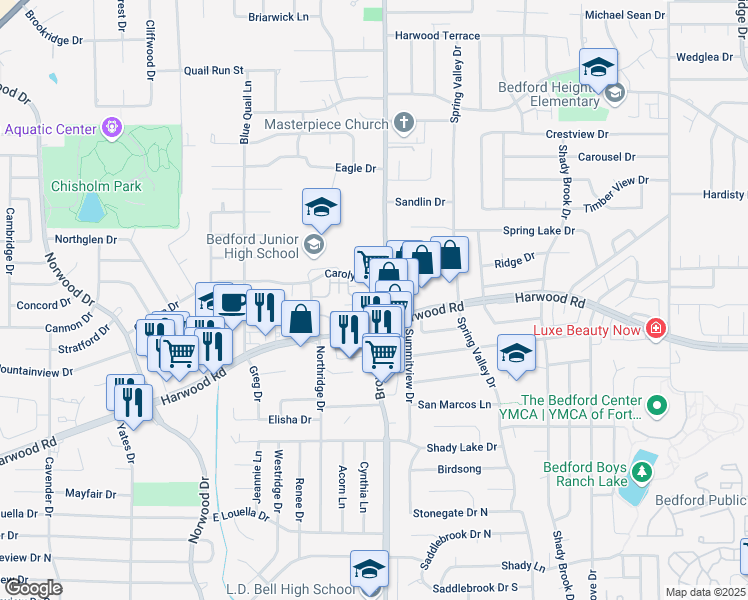 map of restaurants, bars, coffee shops, grocery stores, and more near 408 Carolyn Drive in Bedford