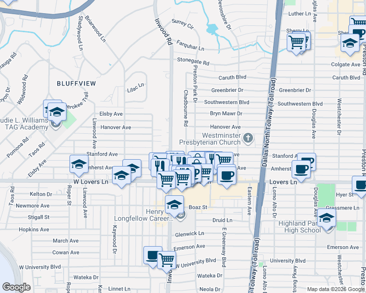 map of restaurants, bars, coffee shops, grocery stores, and more near 8206 Inwood Road in Dallas