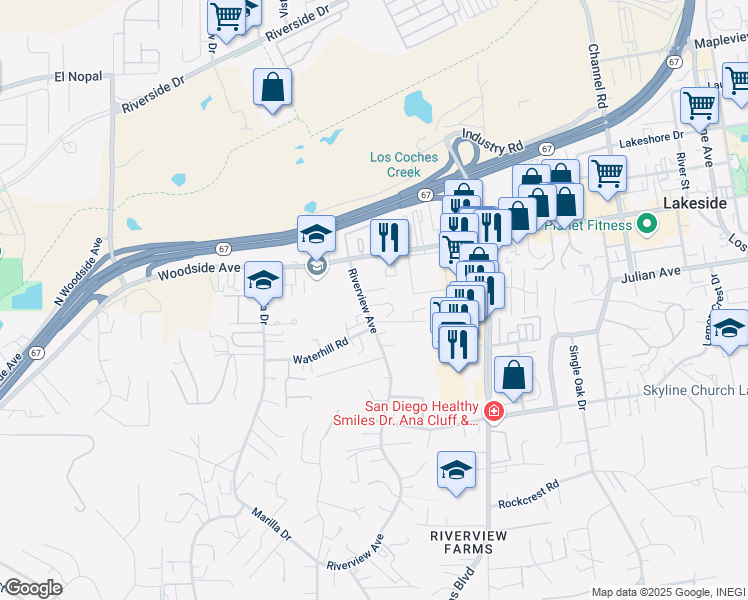 map of restaurants, bars, coffee shops, grocery stores, and more near 9733 Riverview Avenue in Lakeside