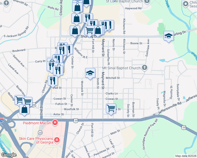 map of restaurants, bars, coffee shops, grocery stores, and more near 1033 Smith Street in Macon