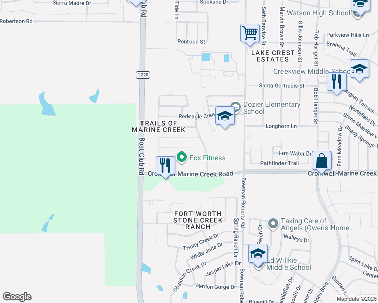 map of restaurants, bars, coffee shops, grocery stores, and more near 6372 Battle Mountain Trail in Fort Worth