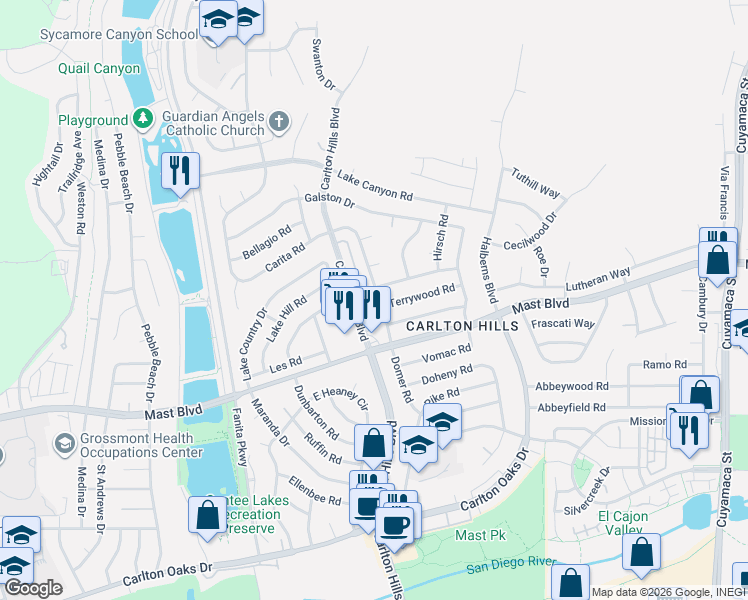 map of restaurants, bars, coffee shops, grocery stores, and more near 9656 Domer Road in Santee