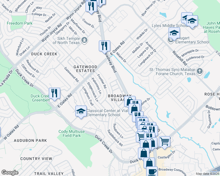 map of restaurants, bars, coffee shops, grocery stores, and more near 412 San Mateo Drive in Garland