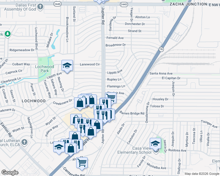 map of restaurants, bars, coffee shops, grocery stores, and more near 11412 Rupley Lane in Dallas