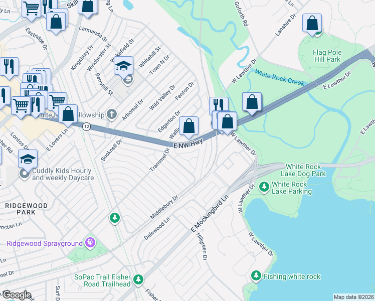 map of restaurants, bars, coffee shops, grocery stores, and more near 7333 East Northwest Highway in Dallas