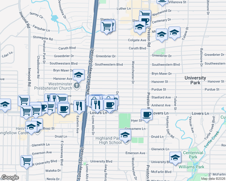 map of restaurants, bars, coffee shops, grocery stores, and more near 4321 Hanover Street in Dallas