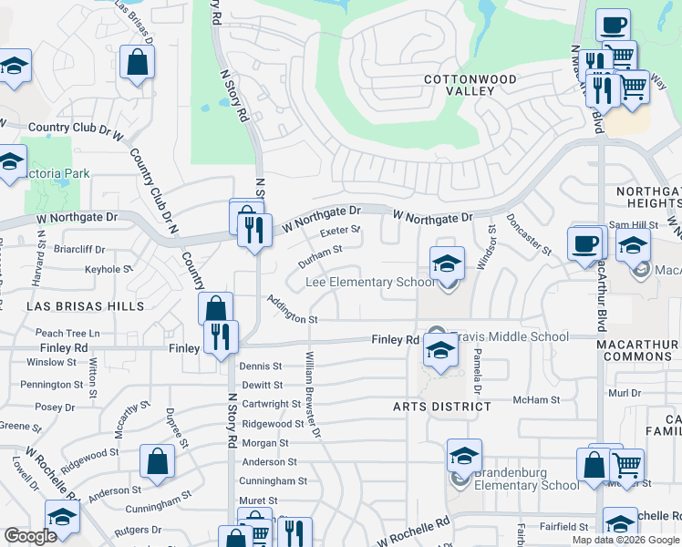 map of restaurants, bars, coffee shops, grocery stores, and more near 1914 Durham Street in Irving