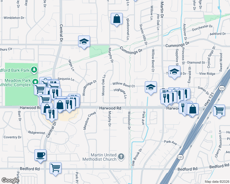 map of restaurants, bars, coffee shops, grocery stores, and more near 2612 Willow Bend in Bedford