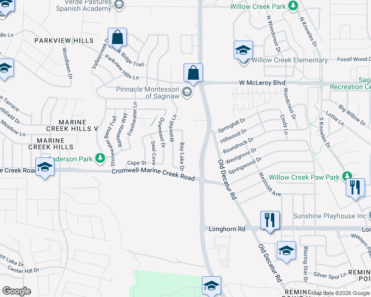 map of restaurants, bars, coffee shops, grocery stores, and more near 6424 Bay Lake Drive in Fort Worth