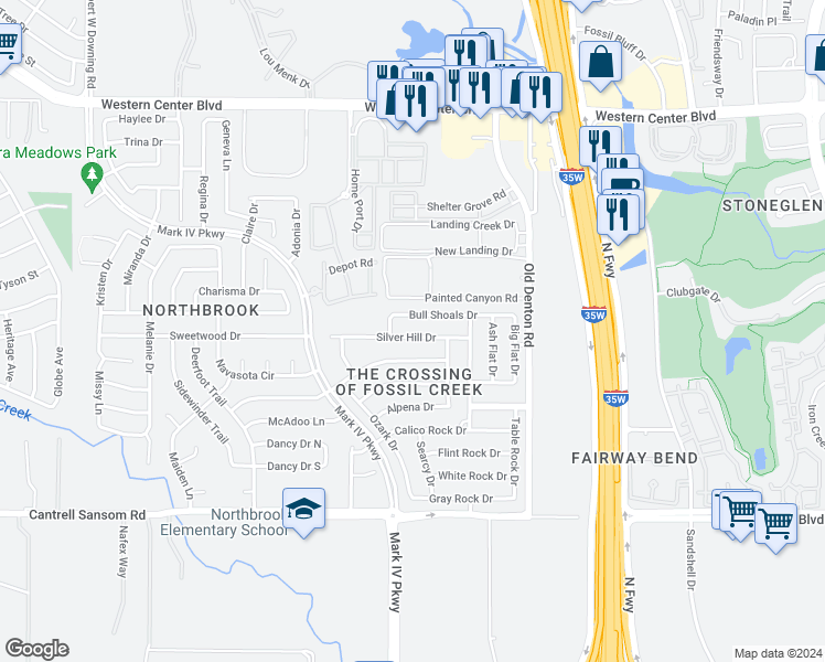 map of restaurants, bars, coffee shops, grocery stores, and more near 2673 Silver Hill Drive in Fort Worth