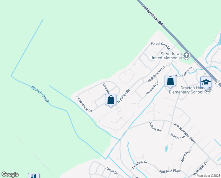map of restaurants, bars, coffee shops, grocery stores, and more near 6107 Fieldstone Circle in Charleston