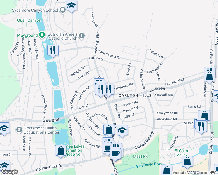 map of restaurants, bars, coffee shops, grocery stores, and more near 9656 Domer Road in Santee