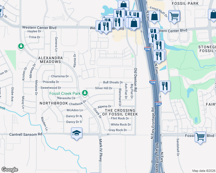 map of restaurants, bars, coffee shops, grocery stores, and more near 2685 Silver Hill Drive in Fort Worth