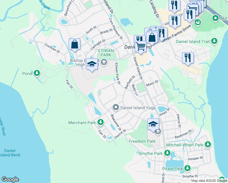 map of restaurants, bars, coffee shops, grocery stores, and more near 7017 Schooner Street in Charleston