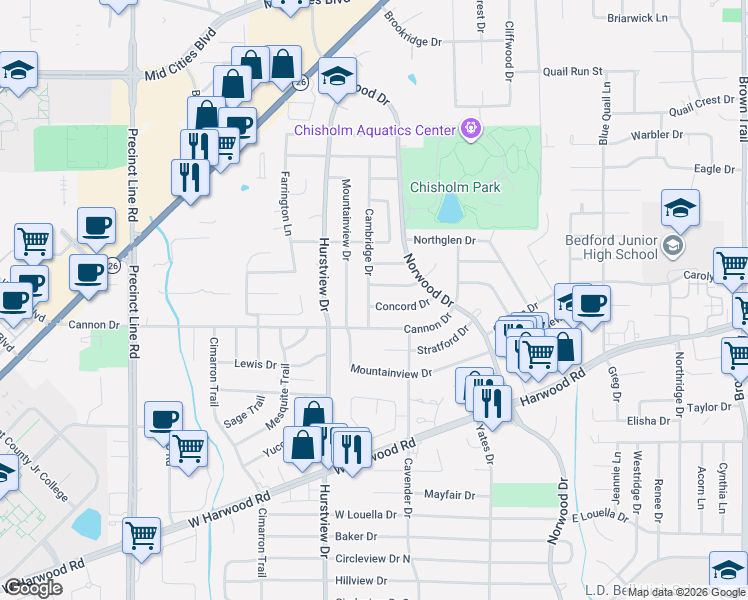 map of restaurants, bars, coffee shops, grocery stores, and more near 424 Fairhaven Drive in Hurst