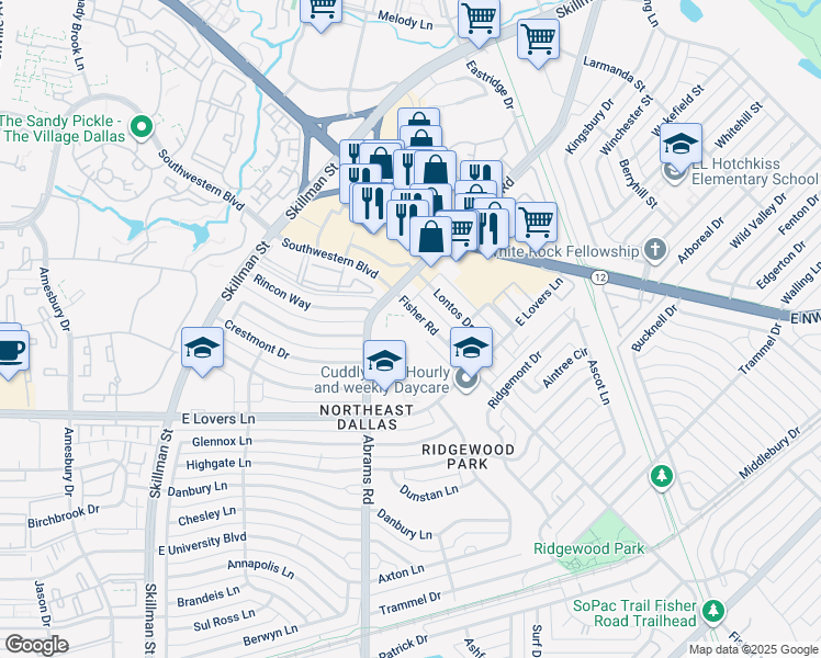 map of restaurants, bars, coffee shops, grocery stores, and more near 6418 Fisher Road in Dallas