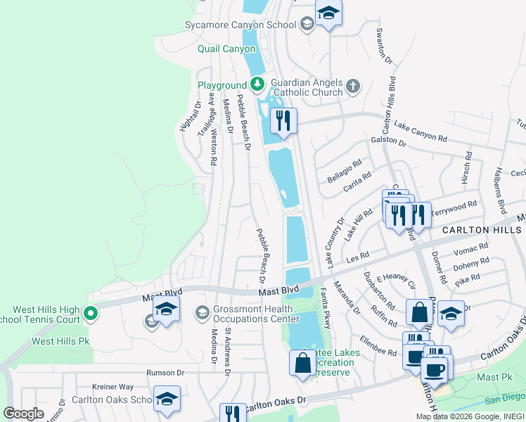 map of restaurants, bars, coffee shops, grocery stores, and more near 8969 New Seabury Drive in Santee