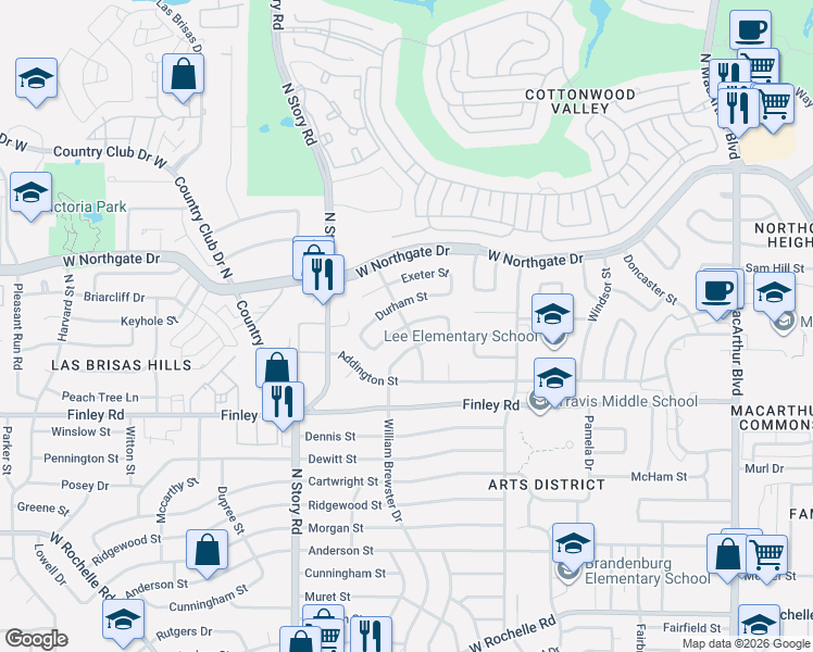 map of restaurants, bars, coffee shops, grocery stores, and more near 1998 Canterbury Street in Irving