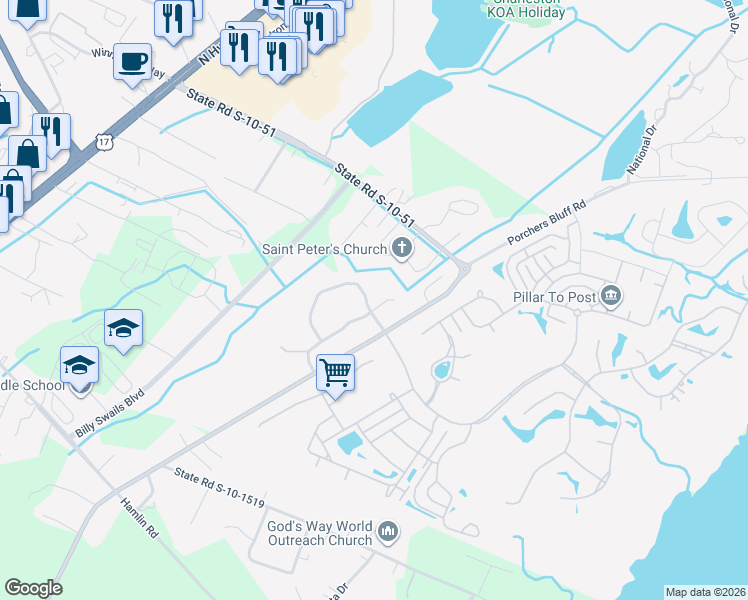map of restaurants, bars, coffee shops, grocery stores, and more near 2900 Woodland Park Drive in Mount Pleasant