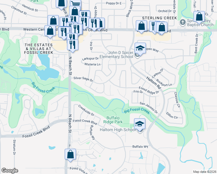 map of restaurants, bars, coffee shops, grocery stores, and more near 4105 Fossil Ridge Drive in Haltom City