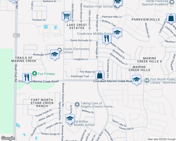 map of restaurants, bars, coffee shops, grocery stores, and more near 6017 Longhorn Lane in Fort Worth