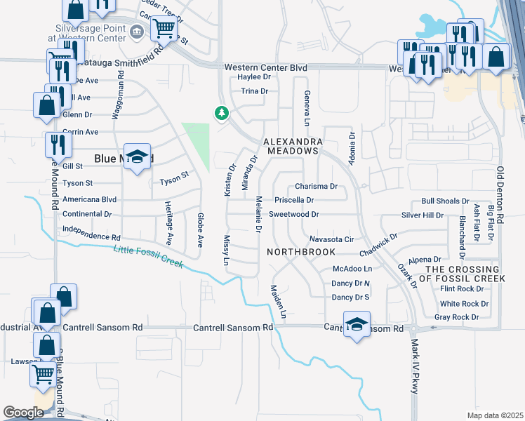 map of restaurants, bars, coffee shops, grocery stores, and more near 2225 Sweetwood Drive in Fort Worth