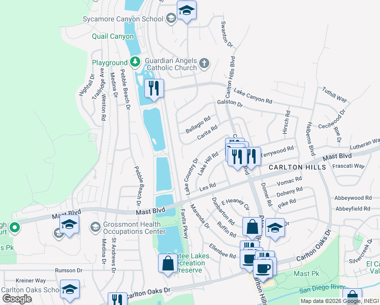 map of restaurants, bars, coffee shops, grocery stores, and more near 9717 Carita Court in Santee