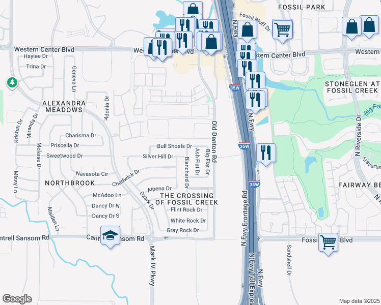 map of restaurants, bars, coffee shops, grocery stores, and more near 2733 Bull Shoals Drive in Fort Worth