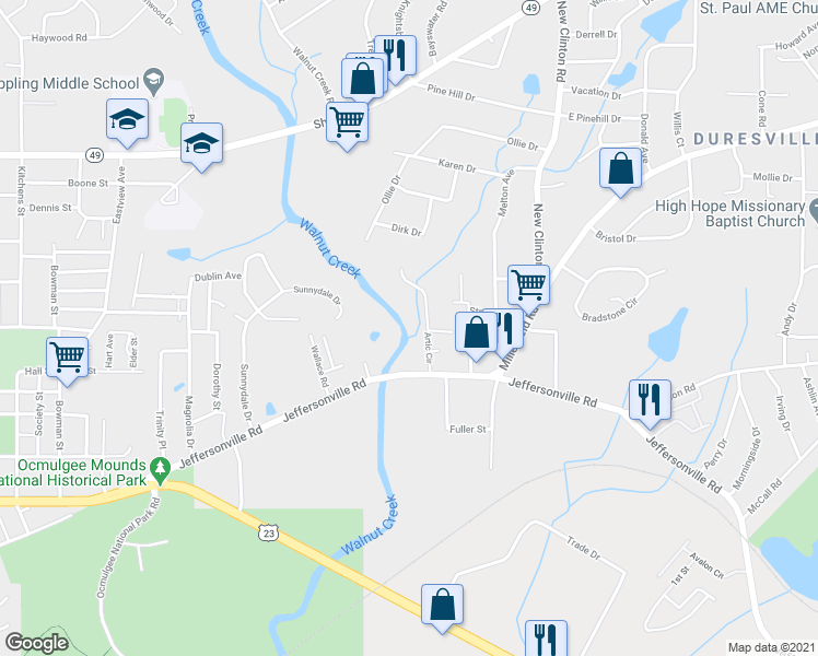 map of restaurants, bars, coffee shops, grocery stores, and more near 1762 Jeffersonville Rd in Macon
