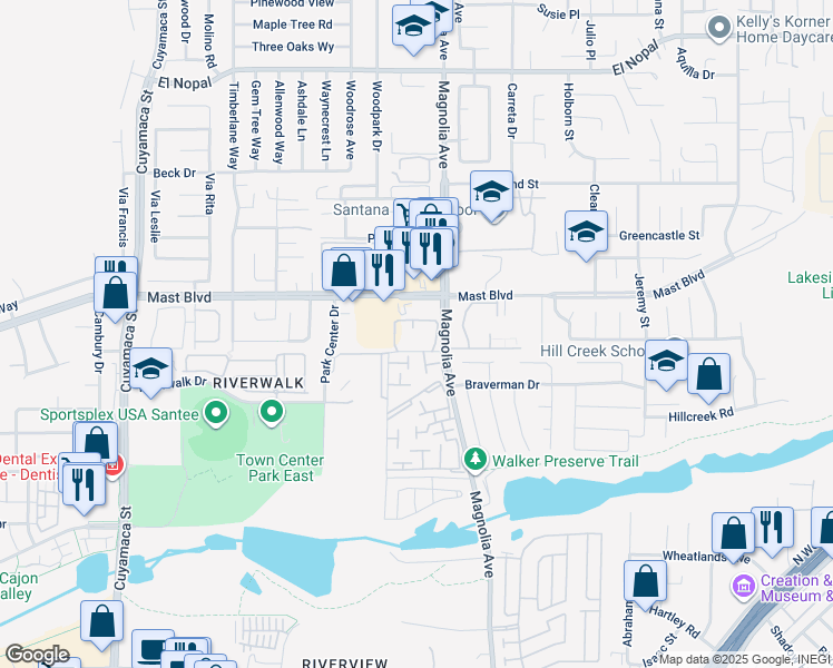 map of restaurants, bars, coffee shops, grocery stores, and more near 10200 Palm Glen Drive in Santee