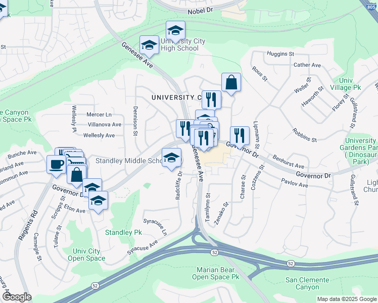 map of restaurants, bars, coffee shops, grocery stores, and more near 6350 Genesee Avenue in San Diego