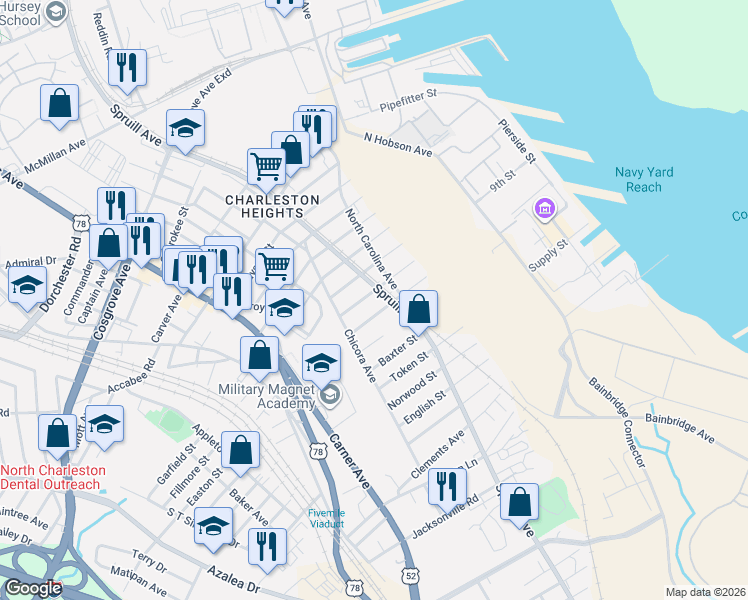 map of restaurants, bars, coffee shops, grocery stores, and more near 1900 Calvert Street in North Charleston
