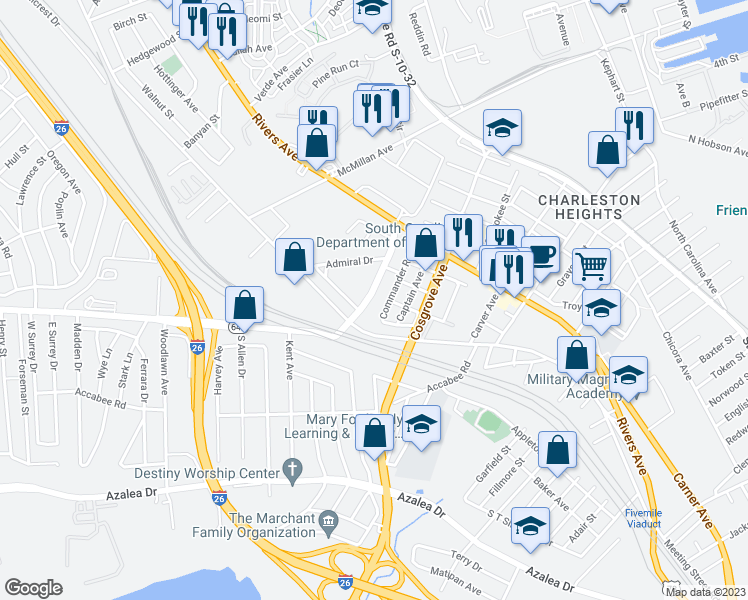 map of restaurants, bars, coffee shops, grocery stores, and more near 2134 Dorchester Road in North Charleston
