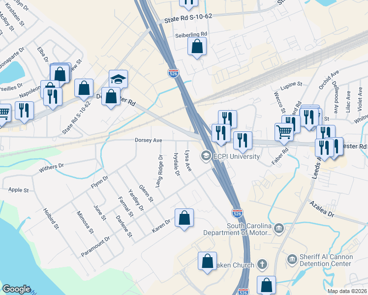 map of restaurants, bars, coffee shops, grocery stores, and more near 3854 Dorsey Avenue in North Charleston