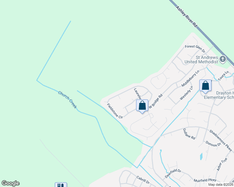 map of restaurants, bars, coffee shops, grocery stores, and more near 6052 Fieldstone Circle in Charleston