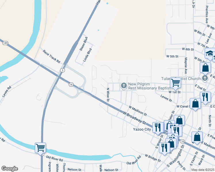 map of restaurants, bars, coffee shops, grocery stores, and more near 76 North Wise Street in Yazoo City