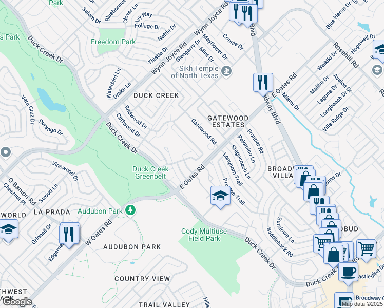 map of restaurants, bars, coffee shops, grocery stores, and more near 4834 Rollingwood Court in Garland