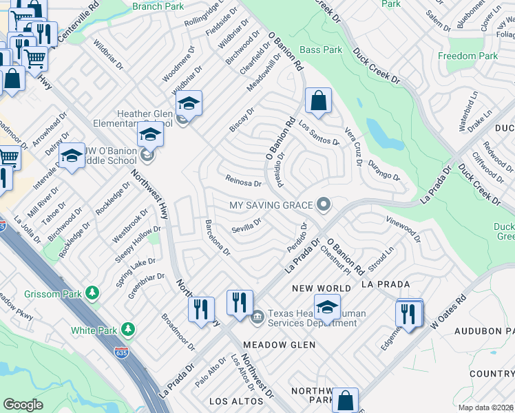 map of restaurants, bars, coffee shops, grocery stores, and more near 555 San Carlos Drive in Garland