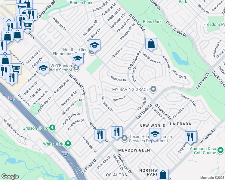 map of restaurants, bars, coffee shops, grocery stores, and more near 601 Caravaca Drive in Garland