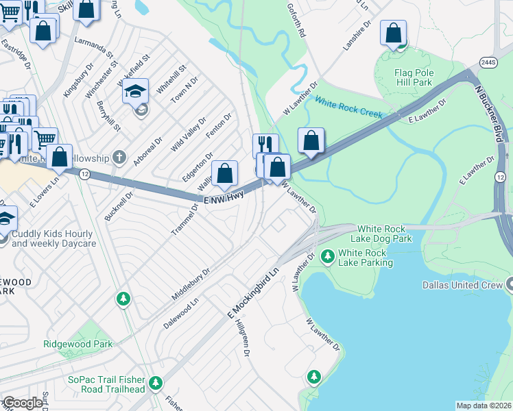 map of restaurants, bars, coffee shops, grocery stores, and more near 7478 East Northwest Highway in Dallas