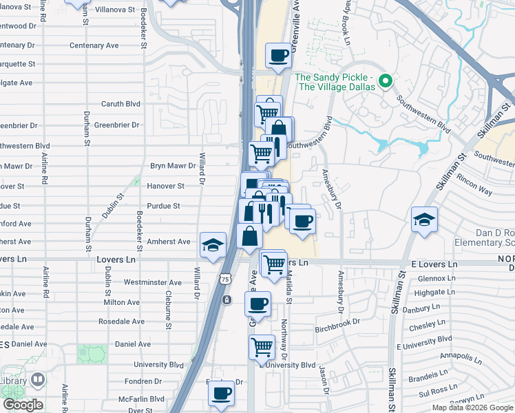 map of restaurants, bars, coffee shops, grocery stores, and more near 5601 Greenville Avenue in Dallas