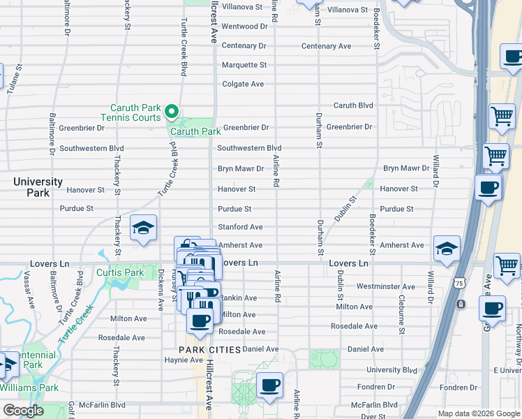 map of restaurants, bars, coffee shops, grocery stores, and more near 3237 Hanover Street in Dallas