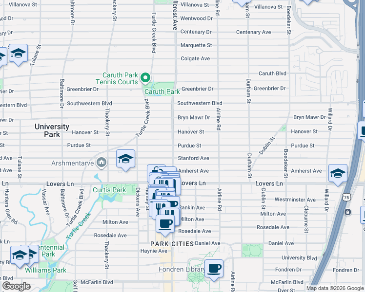 map of restaurants, bars, coffee shops, grocery stores, and more near 3325 Hanover Street in Dallas