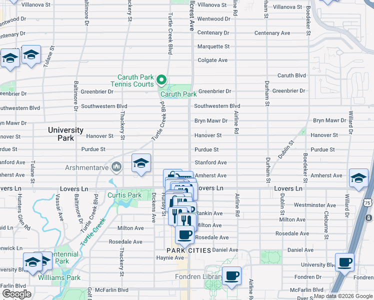 map of restaurants, bars, coffee shops, grocery stores, and more near 3405 Hanover Street in Dallas