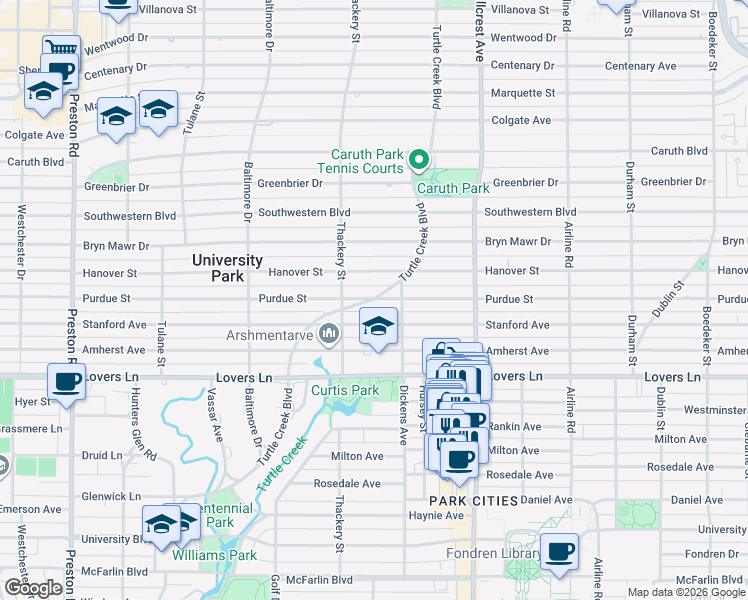 map of restaurants, bars, coffee shops, grocery stores, and more near 3537 Hanover Street in Dallas