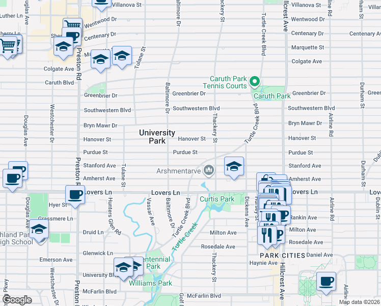 map of restaurants, bars, coffee shops, grocery stores, and more near 3637 Hanover Street in Dallas