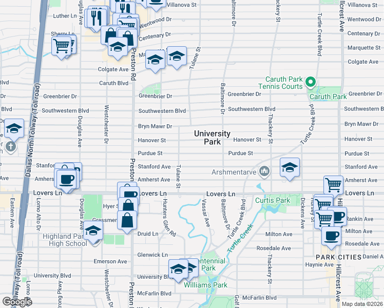 map of restaurants, bars, coffee shops, grocery stores, and more near 3913 Hanover Street in Dallas