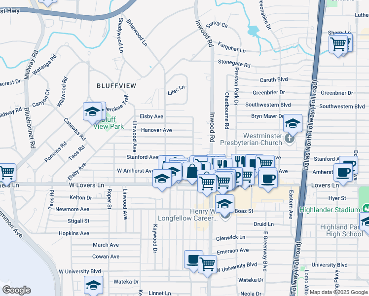 map of restaurants, bars, coffee shops, grocery stores, and more near 5115 Purdue Avenue in Dallas